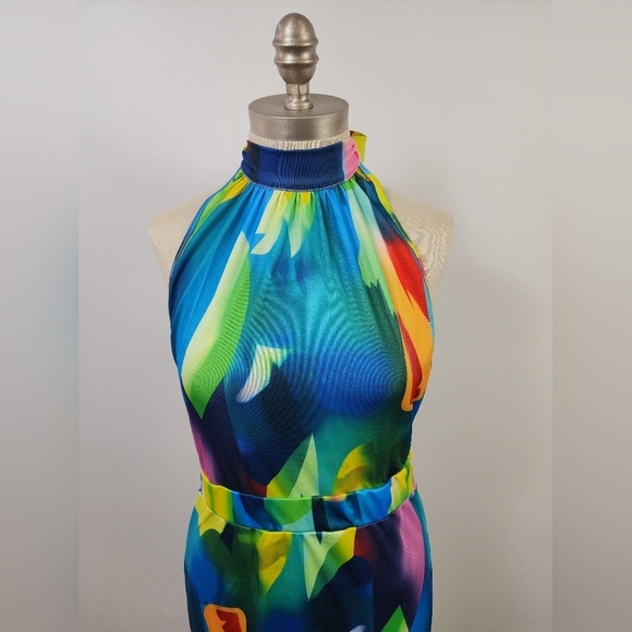 NWOT Backless Bold Vibrant Multicolor Maxi Dress, size Large - Picture 3 of 13